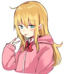 Rule 34 | 1girl, artist request, blonde hair, blue eyes, female focus, gabriel dropout, gabriel tenma white, hood, hoodie, looking at viewer, peace symbol, pink hoodie, simple background, tongue, tongue out, white background