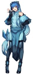 Rule 34 | 1boy, :d, blue eyeshadow, blue hair, covered collarbone, creatures (company), earrings, eyeshadow, fingerless gloves, full body, game freak, gen 4 pokemon, glaceon, gloves, hand up, jewelry, katagiri hachigou, legs apart, long hair, looking at viewer, low-tied long hair, makeup, nintendo, open mouth, personification, pokemon, simple background, smile, solo, standing, very long hair, white background