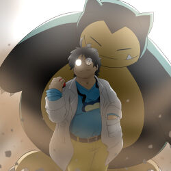 Rule 34 | 1boy, :3, absurdres, belly, creatures (company), dust, facial hair, feet out of frame, fighting stance, game freak, gen 1 pokemon, glasses, grey hair, hand in pocket, highres, kuhakuwuu (samonaa2), lab coat, looking at viewer, male focus, merchandise, neroli (pokemon), nintendo, opaque glasses, partially opaque glasses, poke ball, pokemon, pokemon (creature), pokemon sleep, round eyewear, serious, short hair, size difference, sleep mask, smirk, snorlax, stubble, thick eyebrows, tusks