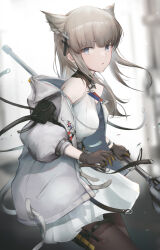 Rule 34 | 1girl, animal ears, arknights, arknights: endfield, black gloves, black pantyhose, blue eyes, breasts, brown hair, cowboy shot, criss-cross halter, dress, extra ears, gloves, halterneck, highres, holding, holding staff, jacket, leaning forward, long hair, long sleeves, looking at viewer, masai no senshi, off shoulder, open clothes, open jacket, pantyhose, parted lips, perlica (arknights), sidelocks, small breasts, solo, staff, thigh strap, white dress, white jacket