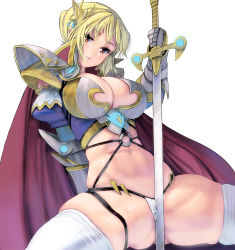 Rule 34 | 1girl, arm behind back, arm support, armor, between labia, bikini armor, blonde hair, breastplate, breasts, brown eyes, cape, cleavage, crotch rub, curvy, female knight, female masturbation, gauntlets, hair ornament, head tilt, highres, holding, holding sword, holding weapon, knight, kouno (masao), large breasts, leaning back, looking at viewer, masturbation, masturbation through clothes, navel, o-ring, original, panties, parted lips, puffy sleeves, red cape, red eyes, revealing clothes, revision, short hair, shoulder pads, simple background, sitting, skindentation, smile, solo, spread legs, squatting, stomach, sword, thighhighs, thighs, underwear, unsheathed, weapon, white background, white panties, white thighhighs