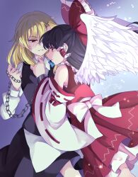 Rule 34 | 2girls, absurdres, angel wings, apron, black hair, blonde hair, blue bow, bow, chain, commentary request, cuffs, detached sleeves, feathered wings, frilled bow, frilled hair tubes, frills, hair bow, hair tubes, hakurei reimu, highres, holding, holding chain, kirisame marisa, long hair, long sleeves, mito (fate), multiple girls, no headwear, red bow, red eyes, red skirt, ribbon-trimmed sleeves, ribbon trim, shackles, signature, skirt, skirt set, touhou, waist apron, white wings, wings, yuri