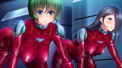 Rule 34 | 2girls, all fours, blue eyes, blush, bodysuit, breasts, closed mouth, embarrassed, female focus, game cg, green hair, hair over one eye, hanging breasts, huracan, indoors, kyonyuu onna shikan sennou saimin, large breasts, legs, legs apart, long hair, looking at viewer, lune (company), multicolored eyes, multiple girls, original, purple hair, red bodysuit, shiny clothes, short hair, small breasts, thighs