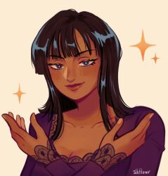 Rule 34 | 1girl, artist name, blue eyes, blunt bangs, commentary, crossed arms, dress, english commentary, eyelashes, highres, lace dress, lace sleeves, long sleeves, looking at viewer, medium hair, nico robin, one piece, purple dress, simple background, slkflowr, smile, solo, sparkle, upper body
