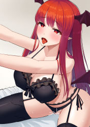 1girl absurdres black_bra black_panties black_thighhighs blush bra breasts commentary_request covered_erect_nipples cowboy_shot cum cum_in_pussy demon_girl demon_wings garter_belt head_wings highres koakuma large_breasts long_hair open_mouth cum_overflow panties pointy_ears red_eyes red_hair saliva side-tie_panties solo suzume_b thighhighs tongue touhou underwear wings