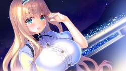 Rule 34 | 1girl, blonde hair, blush, breasts, city, city lights, embarrassed, eyebrows hidden by hair, female focus, game cg, green eyes, hand up, large breasts, long hair, looking at viewer, mountain, night, open mouth, original, outdoors, satofuji masato, shinomiya ria, sky, solo, standing, star (sky), starry sky, upper body, wannabe creators