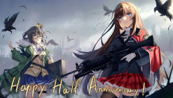 Rule 34 | 2girls, anniversary, assault rifle, backlighting, bird, black jacket, blue skirt, bow, bowtie, breasts, brown hair, buckle, calder (pixiv3698273), carrying, case, cityscape, collared shirt, commentary request, counter:side, crow, daewoo k2, dawn, dot nose, english text, floating hair, glasses, gloves, green jacket, grenade launcher, gun, hair bobbles, hair ornament, hand up, handgun, highres, holding, holding gun, holding weapon, holstered, jacket, jacket on shoulders, kim sobin, light blush, long hair, long sleeves, looking afar, looking at viewer, medium breasts, multiple girls, open clothes, open jacket, open mouth, plaid, plaid skirt, pleated skirt, red skirt, rifle, ruins, semi-rimless eyewear, seo yoon, shirt, side ponytail, skirt, smile, smog, smoke, snap-fit buckle, standing, sunlight, thigh strap, thighhighs, underbarrel grenade launcher, weapon, white gloves, white shirt, zettai ryouiki