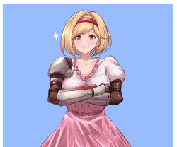 Rule 34 | 1girl, asakura aoshi, bad id, bad pixiv id, blonde hair, blue background, breasts, brown hair, collarbone, crossed arms, djeeta (granblue fantasy), dress, fighter (granblue fantasy), gauntlets, granblue fantasy, hairband, large breasts, looking at viewer, pink dress, red hairband, short hair, simple background, smile, solo, straight hair, upper body