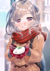 Rule 34 | 1girl, absurdres, backpack, bag, blue sky, blurry, blurry background, blush, brown coat, coat, day, enpera, gloves, highres, ichimonjikun2, long hair, original, outdoors, parted lips, plaid, plaid scarf, red gloves, red scarf, scarf, silver hair, sky, smile, snow rabbit, snowing, solo, unmoving pattern, upper body