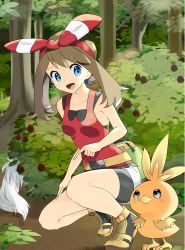 Rule 34 | 1girl, :d, absurdres, bad id, bad pixiv id, bike shorts, black shorts, blue eyes, bow, breasts, brown hair, collarbone, creatures (company), day, eye contact, floating hair, forest, game freak, gen 3 pokemon, hair between eyes, hair bow, hairband, highres, index finger raised, long hair, looking at another, may (pokemon), nature, nintendo, open mouth, outdoors, pokemon, pokemon (creature), pokemon oras, red hairband, red shirt, shirt, short shorts, shorts, shorts under shorts, sleeveless, sleeveless shirt, small breasts, smile, striped, striped bow, torchic, twintails, white shorts, yuihico