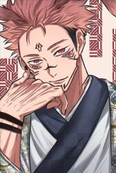 Rule 34 | 1boy, animal ears, arm tattoo, black nails, closed mouth, extra eyes, facial tattoo, fushirun rung, hand on own cheek, hand on own face, haori, highres, japanese clothes, jujutsu kaisen, kimono, korean commentary, long sleeves, looking at viewer, male focus, pink hair, rabbit ears, red eyes, ryoumen sukuna (jujutsu kaisen), short hair, smirk, solo, tattoo, white kimono, wide sleeves