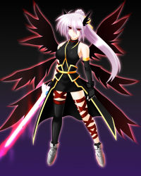 Rule 34 | 1girl, arm belt, asymmetrical clothes, asymmetrical legwear, black wings, boots, breasts, engo (aquawatery), fingerless gloves, fusion, gloves, glowing, gradient background, hair ribbon, head wings, highres, laevatein (nanoha), large breasts, leg belt, long hair, lyrical nanoha, magical girl, mahou shoujo lyrical nanoha, mahou shoujo lyrical nanoha a&#039;s, multiple wings, ponytail, red eyes, reinforce, ribbon, signum, silver hair, single thighhigh, smile, solo, sword, thighhighs, uneven legwear, unison (nanoha), waist cape, weapon, wings