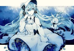 Rule 34 | 1girl, :d, ascot, bad id, bad twitter id, bare shoulders, blue theme, bow, bowtie, collared dress, cowboy shot, detached sleeves, dress, dress bow, frilled dress, frills, hair between eyes, hair bow, hat, hatsune miku, headset, highres, long hair, looking at another, microphone, migolu, monochrome, neckerchief, open mouth, puffy sleeves, rabbit, smile, snowflakes, stuffed animal, stuffed toy, thighhighs, twintails, very long hair, vocaloid, yuki miku, yuki miku (2020) (candidate no.5), yukine (vocaloid)