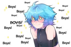 Rule 34 | 1boy, ahoge, bare shoulders, blue hair, blush, breasts, closed mouth, crop top, english text, gradient hair, green eyes, indie virtual youtuber, linechu, male focus, multicolored hair, short hair, simple background, solo, star-shaped pupils, star (symbol), symbol-shaped pupils, tiredcatmom, trap, virtual youtuber, wavy hair, wavy mouth, white background