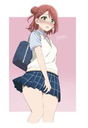 Rule 34 | 1girl, absurdres, bag, blush, braid, braided bun, breasts, character name, commentary, cropped legs, dot nose, embarrassed, from below, hair bun, hair ornament, hairclip, hand on own crotch, highres, ikesho0612, looking at viewer, looking down, love live!, love live! nijigasaki high school idol club, medium breasts, medium hair, nijigasaki academy school uniform, orange hair, outside border, parted lips, school bag, school uniform, shoulder bag, single side bun, solo, swept bangs, thighs, uehara ayumu, yellow eyes