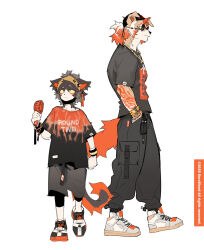Rule 34 | aak (arknights), animal ears, arknights, cat ears, cat tail, copyright notice, dog ears, dog tail, furry, furry male, furry with furry, handheld electric fan, hands in pockets, headband, highres, horns, hung (arknights), jewelry, kuroblood, looking to the side, male focus, mythological creature, necklace, round eyewear, single horn, sunglasses, tail, white background
