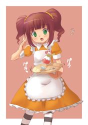 Rule 34 | 00s, 1girl, apron, blush, brown eyes, brown hair, cherry, child, cowboy shot, dress, food, fruit, green eyes, idolmaster, idolmaster (classic), maid, maid apron, maid fairy tale, open mouth, pantyhose, parfait, shiro tele cus, short twintails, sidelocks, solo, spoon, striped clothes, striped pantyhose, takatsuki yayoi, tray, twintails