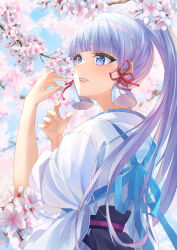Rule 34 | 1girl, absurdres, ayaka (genshin impact), blue eyes, blue hair, blue sky, chakuma (yiyh1468), cherry blossoms, commentary request, day, genshin impact, hands up, highres, japanese clothes, kimono, long hair, outdoors, ponytail, sky, solo, upper body, very long hair, white kimono