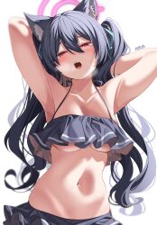 Rule 34 | 1girl, absurdres, animal ear fluff, animal ears, armpits, arms behind head, artist name, bare arms, bare shoulders, bikini, black bikini, black hair, blue archive, blush, breasts, cat ears, collarbone, extra ears, frilled bikini, frills, halo, highres, korean commentary, long hair, looking at viewer, medium breasts, navel, official alternate costume, open mouth, pink halo, red eyes, rirua (kjom802), serika (blue archive), serika (swimsuit) (blue archive), signature, simple background, solo, swimsuit, twintails, underboob, white background