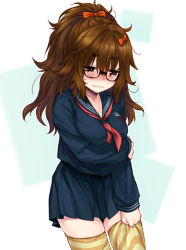 Rule 34 | 10s, 1girl, bad id, bad pixiv id, brown eyes, brown hair, fate/extra, fate/extra ccc, fate (series), glasses, jinako carigiri, long hair, messy hair, ponytail, school uniform, serafuku, skindentation, solo, striped clothes, striped thighhighs, thighhighs, utsugi (skydream)