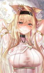 Rule 34 | 1girl, alternate breast size, animal ear fluff, animal ears, arknights, armband, black choker, black eyes, black hairband, blonde hair, blush, branch, breasts, brooch, choker, closed mouth, commentary request, dot nose, ear blush, fox girl, furrowed brow, hair between eyes, hair intakes, hairband, hands in own hair, hands up, highres, horn (arknights), horn (to effloresce whitely) (arknights), infection monitor (arknights), jewelry, large breasts, laurels, leaf, long hair, looking at viewer, necklace, nervous, pink lips, pinstripe pattern, pinstripe shirt, rope around waist, see-through, shirt, short sleeves, solo, straight hair, striped, sweat, taut clothes, taut shirt, upper body, wavy mouth, white shirt, yellow armband, zserty555