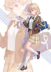 Rule 34 | 1girl, absurdres, bag, bag charm, blonde hair, blush, brown footwear, brown jacket, brown skirt, cellphone, charm (object), chinese commentary, collared shirt, commentary, drop shadow, facing viewer, full body, hair behind ear, hair ornament, hairclip, hand in pocket, hand up, heart, heart background, hidari (nanmu-left), highres, holding, holding bag, holding phone, jacket, lapels, loafers, looking at phone, notched lapels, open clothes, open jacket, original, parted lips, phone, plaid, plaid skirt, pleated skirt, pocket, red eyes, school bag, school uniform, shirt, shoes, short hair, skirt, sleeves past elbows, smartphone, socks, solo, standing, standing on one leg, white background, white shirt, white socks, wing collar, zoom layer