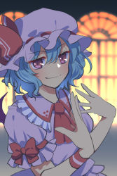 Rule 34 | 1girl, ascot, bat wings, blue hair, blurry, blurry background, depth of field, frilled shirt collar, frills, hair between eyes, hat, highres, looking at viewer, mob cap, moon, nayozane (worker7), night, one-hour drawing challenge, puffy short sleeves, puffy sleeves, red ascot, remilia scarlet, ribbon, short hair, short sleeves, smile, solo, touhou, upper body, wings, wrist cuffs