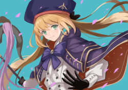 Rule 34 | 1girl, artoria caster (fate), artoria pendragon (fate), black gloves, blonde hair, blue cape, buttons, cape, dress, fate/grand order, fate (series), gloves, green eyes, hat, holding, holding staff, long hair, long sleeves, looking at viewer, multicolored cape, multicolored clothes, staff, touchika, twintails, white dress