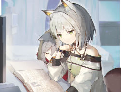 Rule 34 | 2girls, animal ear fluff, animal ears, arknights, bare shoulders, bed, bed frame, bed sheet, book, chair, closed eyes, closed mouth, commentary request, curtains, desk, dress, ears down, eyebrows, green dress, green eyes, grey hair, hand on own face, highres, hood, hood up, hooded jacket, indoors, jacket, kal&#039;tsit (arknights), leaning, leaning forward, long sleeves, medium hair, monitor, multiple girls, night, off shoulder, paper, paperwork, projekt red (arknights), reading, red jacket, screen light, serious, sidelocks, sitting, sleeping, sleeveless, sleeveless dress, toufu mentaru zabuton, wall, white hair, white jacket, window, wolf ears