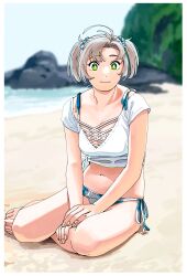 Rule 34 | 1girl, absurdres, antenna hair, barefoot, beach, bikini, blue bikini, blue sky, blurry, blurry background, breasts, cloud, commentary request, day, green eyes, grey hair, hair tie, highres, kantai collection, kinugasa (kancolle), looking at viewer, medium breasts, official alternate costume, ojipon, outdoors, rock, shirt, short hair, short twintails, side-tie bikini bottom, sitting, sky, solo, swimsuit, twintails, water, white shirt, yokozuwari