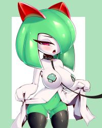 Rule 34 | 1girl, absurdres, black thighhighs, blush, border, breasts, cleft of venus, collar, colored skin, cowboy shot, creatures (company), cross pasties, drooling, female focus, fir3born, furry, furry female, game freak, gen 3 pokemon, gluteal fold, green border, green hair, green skin, hair over one eye, half-closed eyes, hands up, highres, huge breasts, kirlia, leash, lifting own clothes, looking at viewer, medium hair, multicolored skin, navel, nintendo, open mouth, outside border, pasties, pet play, pokemon, pokemon (creature), pussy, pussy juice, red eyes, saliva, shiny clothes, shiny skin, simple background, skindentation, solo, standing, stomach, tape, tape on nipples, teeth, thighhighs, tongue, tongue out, two-tone skin, uncensored, white background, white skin, wide hips