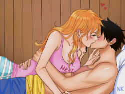 Rule 34 | 1boy, 1girl, bed, black hair, blush, breasts, cleavage, couple, curvy, heart, highres, hug, kiss, long hair, lying, lying on person, medium breasts, monkey d. luffy, muscular, muscular male, nami (one piece), namixkawaii, on back, one piece, orange hair, scar, short hair, tank top, tattoo, topless, topless male