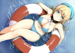 Rule 34 | 10s, 1girl, afloat, atago (kancolle), bare shoulders, bikini, blonde hair, blush, breasts, cleavage, floating, from above, hat, highres, innertube, kamata yuuya, kantai collection, large breasts, long hair, looking at viewer, navel, partially submerged, revision, side-tie bikini bottom, smile, solo, swim ring, swimsuit