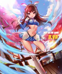 Rule 34 | 1girl, adapted costume, ahoge, animal ears, animal print, architecture, bad id, bad pixiv id, blue skirt, blue sky, boots, bracer, breasts, brown eyes, brown hair, cherry blossoms, cloud, commentary request, contrapposto, crop top, d.va (overwatch), day, east asian architecture, facepaint, facial mark, fake animal ears, frilled skirt, frills, gloves, headphones, high collar, highres, leg up, lens flare, light particles, littleamber, long hair, long sleeves, looking at viewer, medium breasts, midriff, miniskirt, navel, open mouth, outdoors, overwatch, overwatch 1, petals, play of the game, rabbit print, railing, shoulder pads, skin tight, skirt, sky, smile, solo, standing, standing on one leg, swept bangs, thigh boots, thighhighs, tree, whisker markings, white gloves, white thighhighs