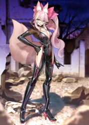 Rule 34 | 1girl, animal ears, black bodysuit, black gloves, bodysuit, boots, bow, breasts, choker, cleavage, closed mouth, elbow gloves, fate/grand order, fate (series), fox ears, fox girl, fox shadow puppet, fox tail, full body, glasses, gloves, hair between eyes, hair bow, hand on own hip, high heel boots, high heels, knee boots, koyanskaya (assassin) (first ascension) (fate), koyanskaya (fate), large breasts, long hair, long sleeves, looking at viewer, official art, open bodysuit, open clothes, open mouth, pink bow, pink hair, rock, ruins, side ponytail, sidelocks, smile, solo, tail, tamamo (fate), wada arco, yellow eyes, zipper
