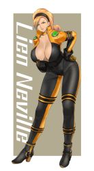 Rule 34 | 1girl, blonde hair, bodysuit, boots, breasts, character name, choker, cleavage, hairband, hand on own hip, high heel boots, high heels, highres, large breasts, leaning forward, lien neville, long hair, red eyes, the king of fighters, unzipped