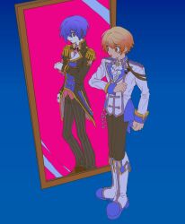 Rule 34 | 2boys, blonde hair, blue background, blue eyes, blue hair, bnna-0208, brooch, brown eyes, buttons, collared shirt, different reflection, double-breasted, earpiece, epaulettes, full-length mirror, gradient hair, highres, ascot, jewelry, kaito (vocaloid), male focus, mirror, multicolored hair, multiple boys, project sekai, reflection, shirt, tenma tsukasa, vocaloid, white ascot, wonderlands x showtime kaito