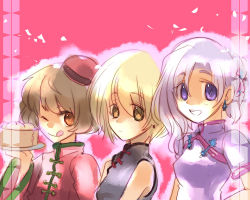 Rule 34 | 3girls, ;q, bad id, bad pixiv id, blonde hair, brown eyes, brown hair, china dress, chinese clothes, dress, female focus, hat, inuinui, light purple hair, lunasa prismriver, lyrica prismriver, merlin prismriver, multiple girls, one eye closed, purple eyes, siblings, sisters, tongue, tongue out, touhou, wink