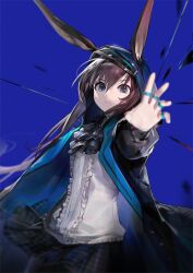 Rule 34 | 1girl, amiya (arknights), animal ears, aqua eyes, arknights, ascot, black skirt, blue background, blurry, breasts, brown hair, center frills, closed mouth, coat, depth of field, ears through headwear, frills, frown, highres, hood, hood up, hooded coat, jewelry, long hair, long sleeves, looking at viewer, miniskirt, multiple rings, open clothes, open coat, outstretched arm, rabbit ears, reaching, reaching towards viewer, ring, shirt, simple background, skirt, small breasts, solo, upper body, white shirt, yyb