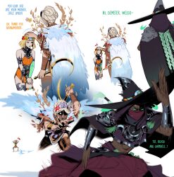 Rule 34 | 3girls, abs, absurdres, ancient greek clothes, anger vein, angry, armor, asymmetrical arms, black sclera, blonde hair, braid, chasing, colored sclera, commentary, dark-skinned female, dark skin, demeter (hades), dress, english commentary, english text, glowing, glowing arm, glowing eyes, grace kim (ryuuna), grandmother and granddaughter, greco-roman clothes, green eyes, green hair, green lips, hades (series), hades 1, hades 2, hat, headpat, hecate (hades), heterochromia, highres, holding sickle, mask, melinoe (hades), mismatched sclera, mouth mask, multiple girls, old, old woman, orange dress, red eyes, running, short hair, shoulder armor, simple background, skeletal arm, sweatdrop, toned female, white background, white hair, witch hat, wrinkled skin
