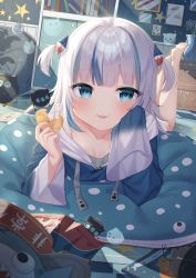 Rule 34 | 1girl, bag of chips, barefoot, bloop (gawr gura), blue eyes, blue hair, blue hoodie, blue nails, breasts, chips (food), collarbone, commentary request, eating, artistic error, food, food on face, full body, gawr gura, hair ornament, hands up, highres, holding, holding food, hololive, hololive english, hood, hood down, hoodie, indoors, legs up, long sleeves, looking at viewer, lying, multicolored hair, nail polish, on stomach, parted lips, potato chips, sharp teeth, silver hair, sleeves past fingers, sleeves past wrists, small breasts, solo, streaked hair, teeth, tsukiman, two side up, virtual youtuber, wrong foot