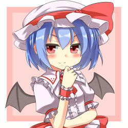 Rule 34 | 1girl, ascot, bat wings, blouse, blue hair, blush stickers, brooch, buttons, female focus, hand on own chin, hat, hat ribbon, jd (bibirijd), jewelry, looking at viewer, pink background, red eyes, remilia scarlet, revision, ribbon, shirt, short hair, short sleeves, smile, solo, touhou, upper body, wings, wrist cuffs