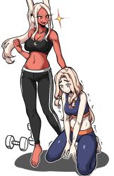Rule 34 | 2girls, animal ear fluff, animal ears, barefoot, black pants, black sports bra, blonde hair, boku no hero academia, breasts, cleavage, clenched hand, closed mouth, collarbone, crescent print, dumbbell, embarrassed, eyes visible through hair, forehead, full body, hair intakes, hand on another&#039;s head, hand up, kneeling, long eyelashes, looking at another, looking down, masgamjya, medium breasts, mirko, mount lady, multiple girls, navel, open mouth, outline, pants, parted bangs, petal print, ponytail, purple pants, purple sports bra, rabbit ears, red eyes, sad, shiny clothes, sidelocks, simple background, smile, sparkle, sports bra, sportswear, standing, stomach, sweat, talking, tearing up, track pants, trembling, white background, white hair