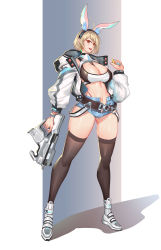 Rule 34 | 1girl, absurdres, ahoge, animal ears, belt, black thighhighs, blonde hair, blue nails, bracelet, breasts, brown eyes, bullet, cleavage, dark night (darkotl), fake animal ears, fingernails, full body, gradient background, hairband, highres, holding, holding bullet, holding weapon, jacket, jewelry, large breasts, lips, long sleeves, looking at viewer, midriff, nail polish, navel, open clothes, open jacket, open mouth, original, rabbit ears, shadow, shiny clothes, shiny skin, shoes, short hair, short shorts, shorts, simple background, smile, sneakers, solo, standing, stomach, tank top, thighhighs, unbuttoned, weapon