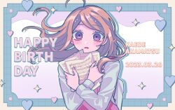 Rule 34 | 1girl, ahoge, akamatsu kaede, backpack, bag, blonde hair, blush, character name, danganronpa (series), danganronpa v3: killing harmony, dated, fortissimo, hair ornament, hands up, happy birthday, heart, holding, holding paper, long hair, long sleeves, looking at viewer, multicolored background, musical note, musical note hair ornament, hugging object, open mouth, paper, pink sweater vest, pisapipi, randoseru, sheet music, shirt, solo, sweater vest, white shirt
