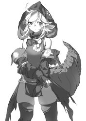Rule 34 | 1girl, ahoge, arknights, armpits, bare shoulders, blush, breasts, closed mouth, cowboy shot, crocodilian tail, detached hood, detached sleeves, dress, gloves, goggles, goggles around neck, greyscale, highres, hood, hood up, hu tu, looking at viewer, monochrome, partially fingerless gloves, pointy ears, short dress, sidelocks, skindentation, sleeveless, sleeveless dress, small breasts, solo, standing, tail, thighhighs, tomimi (arknights), torn clothes, torn thighhighs