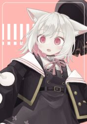 Rule 34 | !, !!, 1girl, absurdres, animal ear fluff, animal ears, belt, cat ears, coefont, commentary request, dress, fang, grey hair, hat, highres, jacket, jacket partially removed, medium hair, neck ribbon, sayo (voicevox), open clothes, open jacket, open mouth, pinafore dress, pink background, pink eyes, pink ribbon, ribbon, sailor collar, shirt, sleeveless, sleeveless dress, solo, surprised, t h o m, voicevox, white sailor collar, white shirt, wide-eyed