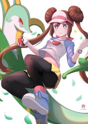 Rule 34 | 1girl, absurdres, black pantyhose, blue eyes, blue footwear, blue sleeves, bow, bracelet, brown hair, closed mouth, creatures (company), double bun, floating hair, game freak, gen 5 pokemon, hair between eyes, hair bun, highres, holding, holding poke ball, jewelry, long hair, long sleeves, looking at viewer, midriff, navel, nintendo, pants, pantyhose, pink bow, pleated shorts, poke ball, poke ball print, pokemon, pokemon (creature), pokemon bw2, print shirt, red eyes, rosa (pokemon), serperior, shiny clothes, shiny legwear, shirt, shoes, short shorts, shorts, smile, sneakers, stomach, twintails, twitter username, very long hair, visor cap, white background, white shirt, yellow shorts, yona (pixiv12827103)