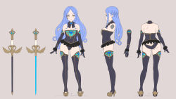 Rule 34 | 1girl, arms at sides, ass, black bow, black gloves, black leotard, black neckwear, black thighhighs, blue hair, bow, bowtie, braid, breasts, cleavage, concept art, contrapposto, elbow gloves, enkyo yuuichirou, french braid, frilled leotard, frills, gloves, grey background, high heels, highres, large breasts, leotard, looking at viewer, multiple views, original, simple background, smile, sword, thighhighs, weapon