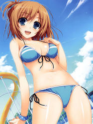 Rule 34 | 1girl, :d, absurdres, arm up, bare shoulders, bikini, blue bikini, blue eyes, blue sky, blush, bracelet, breasts, brown hair, chain-link fence, cleavage, cloud, day, fence, folded ponytail, from below, front-tie top, hair up, harada taiko, highres, jewelry, kimi to issho ni, looking at viewer, medium breasts, navel, open mouth, original, outdoors, scan, shiny skin, side-tie bikini bottom, sky, smile, solo, swimsuit, tomose shunsaku, water slide